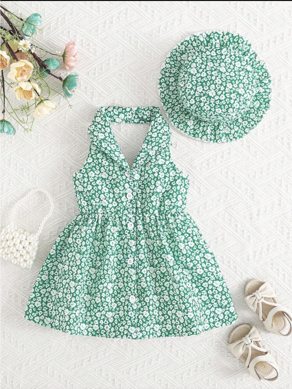 Baby Girl Green Floral Button-Front Halter Dress with Hat 6-9 months